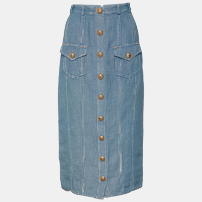 Pre-owned Balmain Blue Denim Effect Cotton & Linen Midi Skirt M