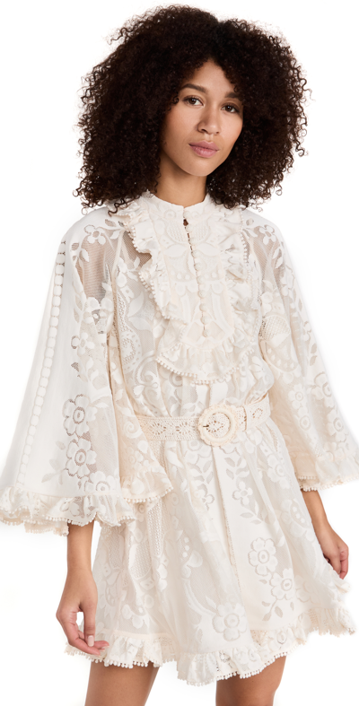 Zimmermann Tiggy Belted Lace Ruffle Mini Dress In White