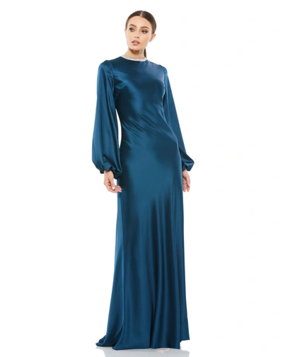 Ieena For Mac Duggal Satin Long Blouson Sleeve Evening Gown In Sapphire