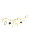 Olivia Welles Imitation Pearl Mixed Charm Toggle Bracelet In Gold-blue