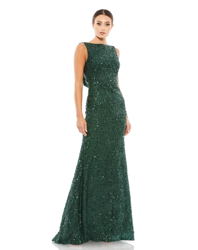 Ieena For Mac Duggal Cowl Back Boat Neck Sequined Evening Gown In Emerald