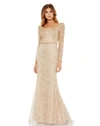 Mac Duggal Embroidered Applique Shoulder Detail Trumpet Gown In Light Gold