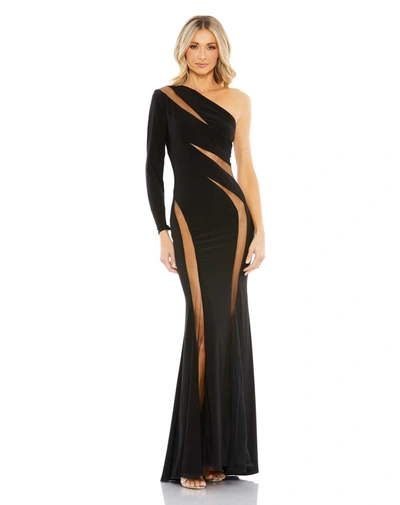Ieena For Mac Duggal Jersey One Shoulder Illusion Cut Out Gown In Black