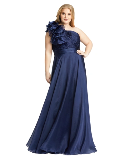 MAC DUGGAL NAVY ONE SHOULDER RUFFLE EVENING GOWN (PLUS)