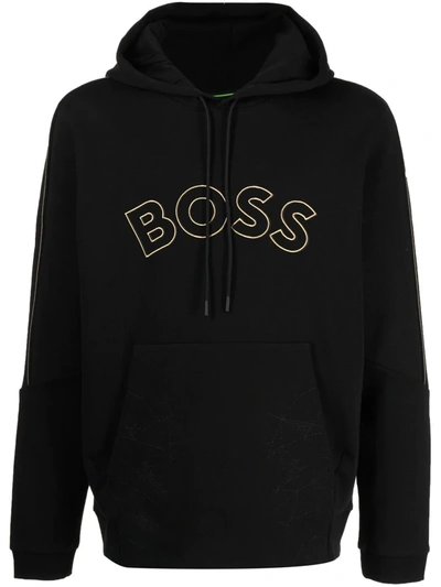 Hugo Boss Curved Logo-embroidered Drawstring Hoodie In Black