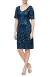 Alex Evenings Slit Sleeve Sequin Cocktail Dress In Deep Ocean