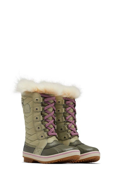 Sorel Kids' Tofino Ii Faux Fur Lined Waterproof Boot In Laurel Leaf/ Stone Green