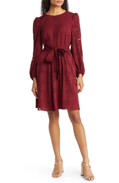 Eliza J Floral Burnout Long Sleeve Fit & Flare Dress In Wine