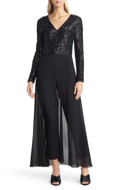Eliza J Sequin Bodice Long Sleeve Overlay Jumpsuit In Black