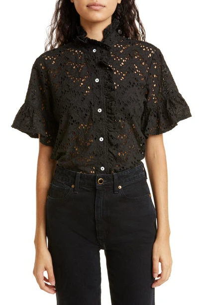 Mille Vanessa Ruffle Detail Cotton Blouse In Black Floral Eyelet