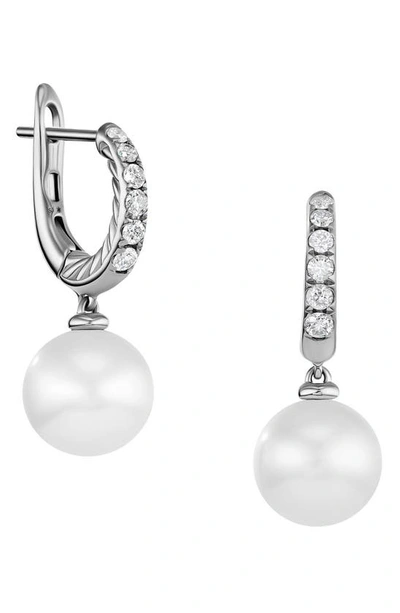 David Yurman Pearl And Pave Drop Earrings With Diamonds In Silver, 9mm, 0.6"l In Silver Pave