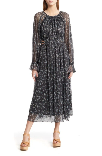 Moon River Metallic Floral Pleated Midi-dress In Black Multi