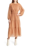 MOON RIVER SMOCKED WAIST RUFFLE METALLIC MAXI DRESS