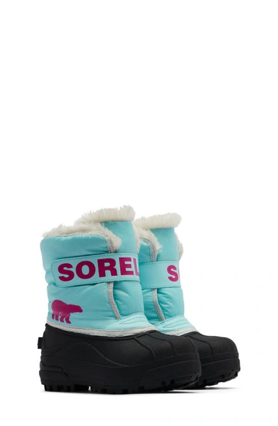 Sorel Kids' Snow Commander Insulated Waterproof Boot In Ocean Surf/ Cactus Pink