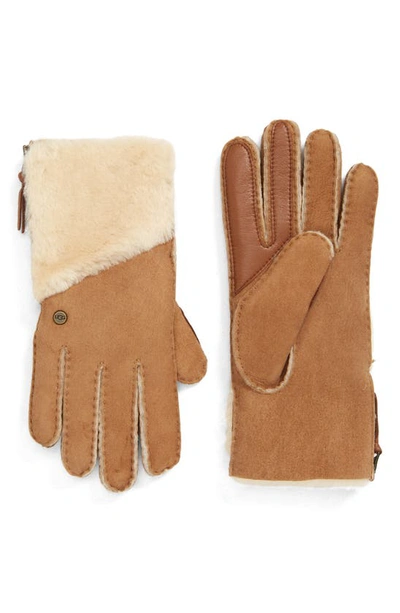 Ugg Zip Genuine Shearling Gloves In Brown