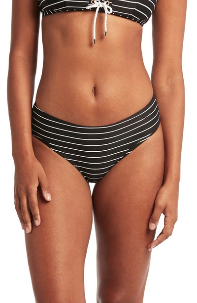 Sea Level Stripe Mid Rise Bikini Bottoms In Black