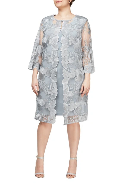 Alex Evenings Embroidered Lace Mock Jacket Cocktail Dress In Dove