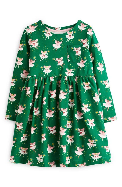 Mini Boden Kids' Fun Bunny Print Long Sleeve Cotton Jersey Dress In Shady Glade Green Fairies