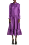 Max Mara Flounce Hem Long Sleeve Silk Shirtdress In Purple
