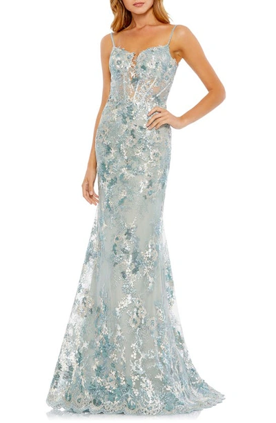Mac Duggal Sequin Floral Corset Bodice Trumpet Gown In Ice Blue