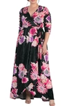 Kiyonna Cara Crushed Velvet Wrap Gown In Black Floral