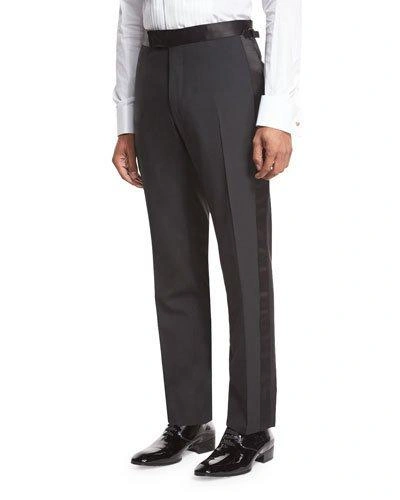 Tom Ford Shelton Base Melange Twill Pleated Trousers, Black/grey