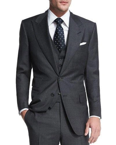 Tom Ford Buckley Base Pinstripe Three-piece Wool Suit, Charcoal