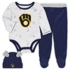 OUTERSTUFF NEWBORN & INFANT NAVY/WHITE MILWAUKEE BREWERS DREAM TEAM BODYSUIT HAT & FOOTED PANTS SET