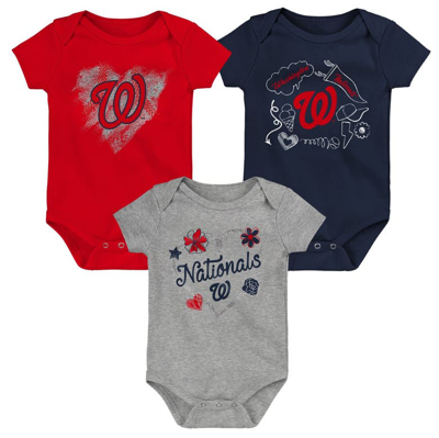 Outerstuff Babies' Girls Newborn And Infant Red, Navy, Heathered Gray Washington Nationals 3-pack Batter Up Bodysuit Se In Red,navy,heathered Gray
