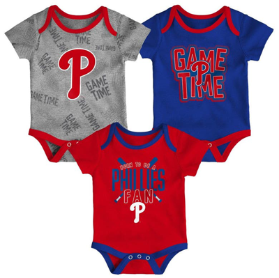 OUTERSTUFF NEWBORN & INFANT PHILADELPHIA PHILLIES RED/ROYAL/HEATHERED GRAY GAME TIME THREE-PIECE BODYSUIT SET