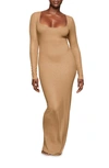 Skims Soft Lounge Long-sleeve Stretch-jersey Nightdress In Camel Foil
