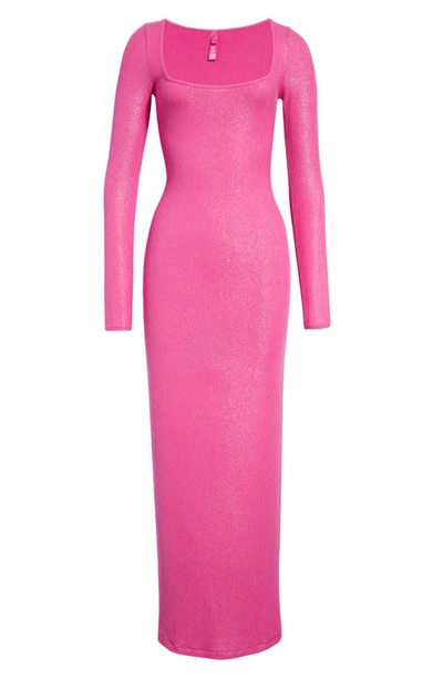 Skims Lounge Ribbed Long Sleeve Maxi Dress In Fuchsia Foil