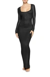 Skims Lounge Ribbed Long Sleeve Maxi Dress In Onyx Foil