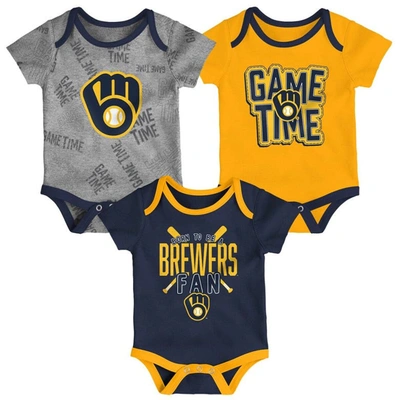 OUTERSTUFF NEWBORN & INFANT MILWAUKEE BREWERS NAVY/GOLD/HEATHERED GRAY GAME TIME THREE-PIECE BODYSUIT SET