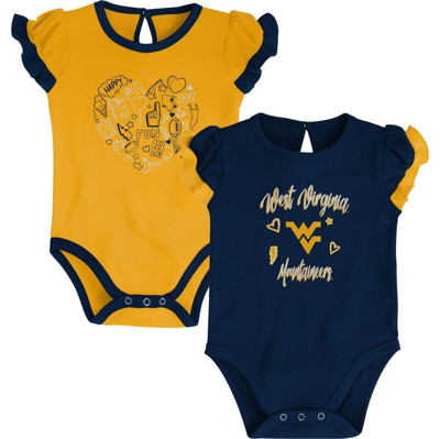 OUTERSTUFF GIRLS NEWBORN & INFANT NAVY/GOLD WEST VIRGINIA MOUNTAINEERS TOO MUCH LOVE TWO-PIECE BODYSUIT SET