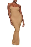 Skims Ribbed Long Slipdress In Camel Foil