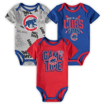 Outerstuff Babies' Newborn And Infant Boys And Girls Chicago Cubs Royal, Red, Heathered Grey Game Time Three-piece Body In Royal,red,heathered Grey