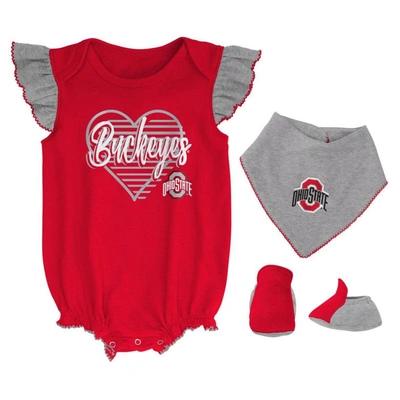 Outerstuff Babies' Girls Newborn & Infant Scarlet/heather Grey Ohio State Buckeyes All The Love Bodysuit Bib & Booties In Scarlet,heather Grey