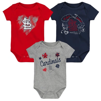 Outerstuff Babies' Girls Newborn And Infant Red, Navy, Heathered Gray St. Louis Cardinals 3-pack Batter Up Bodysuit Set In Red,navy,gray