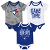 OUTERSTUFF NEWBORN & INFANT TORONTO BLUE JAYS ROYAL/WHITE/HEATHERED GRAY GAME TIME THREE-PIECE BODYSUIT SET