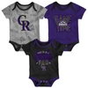 OUTERSTUFF NEWBORN & INFANT COLORADO ROCKIES BLACK/HEATHERED GRAY/PURPLE GAME TIME THREE-PIECE BODYSUIT SET