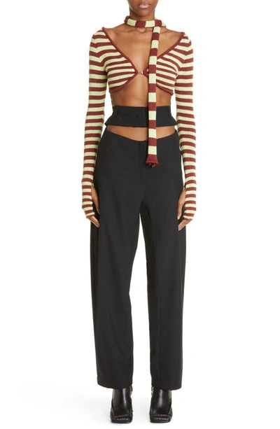 CAFE FORGOT X URTE KAT STRIPE ASYMMETRIC MERINO WOOL CARDIGAN WITH SCARF 