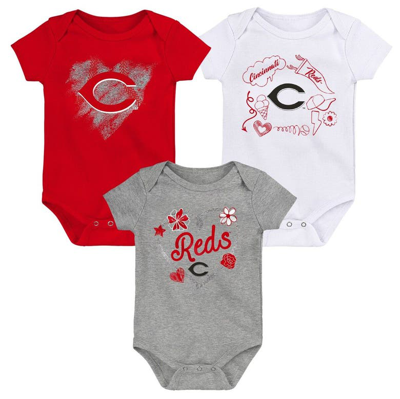 Outerstuff Babies' Infant Boys And Girls White, Red, Grey Cincinnati Reds Batter Up 3-pack Bodysuit Set In White,red,gray