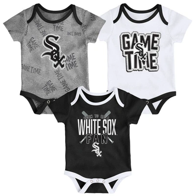Outerstuff Babies' Newborn & Infant Chicago White Sox Black/white/heathered Gray Game Time Three-piece Bodysuit Set