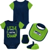 OUTERSTUFF NEWBORN & INFANT COLLEGE NAVY/NEON GREEN SEATTLE SEAHAWKS LITTLE CHAMP THREE-PIECE BODYSUIT BIB & BO