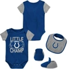 OUTERSTUFF NEWBORN & INFANT ROYAL/GRAY INDIANAPOLIS COLTS LITTLE CHAMP THREE-PIECE BODYSUIT BIB & BOOTIES SET