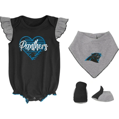 Outerstuff Babies' Girls Newborn & Infant Black/heathered Gray Carolina Panthers All The Love Bodysuit Bib & Booties Se In Black,heathered Gray