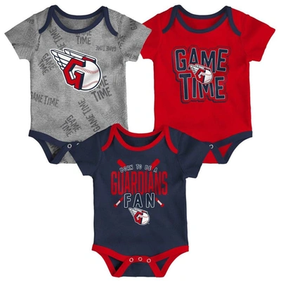 OUTERSTUFF NEWBORN & INFANT CLEVELAND GUARDIANS NAVY/RED/HEATHERED GRAY GAME TIME THREE-PIECE BODYSUIT SET