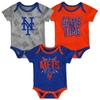 OUTERSTUFF NEWBORN & INFANT NEW YORK METS ROYAL/ORANGE/HEATHERED GRAY GAME TIME THREE-PIECE BODYSUIT SET