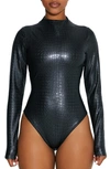 Naked Wardrobe Croc Embossed Faux Leather Bodysuit In Black